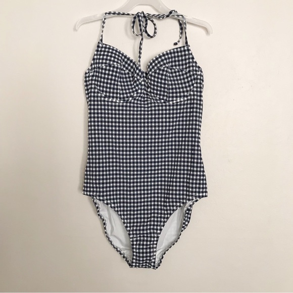 J.Crew Navy Blue Textured Seersucker Gingham One Piece Swimsuit Size 8 - Picture 1 of 15